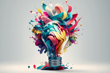 Colorful 3D illustration of a lightbulb representing a creative mind, energetic, collage, white studio background 