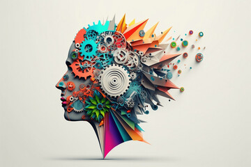 Colorful 3D illustration representing person with creative mind, side view, clear facial details, science symbols, gears, technology, energetic, collage, white studio background