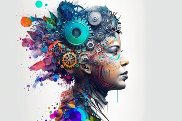 Colorful 3D illustration representing person with creative mind, gears, collage, Generative AI