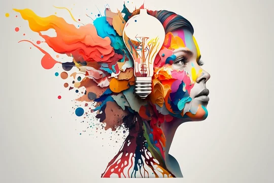Colorful 3D illustration representing a person with a creative mind, collage, Generative AI