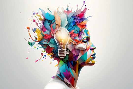 Colorful 3D illustration representing a person with a creative mind, lightbulb, clear facial details, energetic, collage