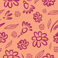 Hand-drawn spring, summer floral background. Botanical seamless pattern of abstract flowers. Vintage style for bedding, textiles, packaging and wallpaper.