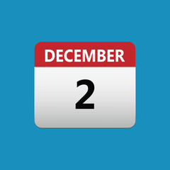 2th December calendar icon. December 2 calendar Date Month icon. Isolated on blue background