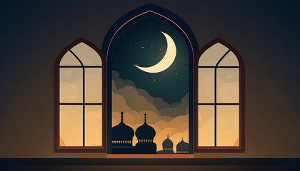Window with mosque view in silhouette. Ramadan Kareem concept. Created with generative AI technology.
