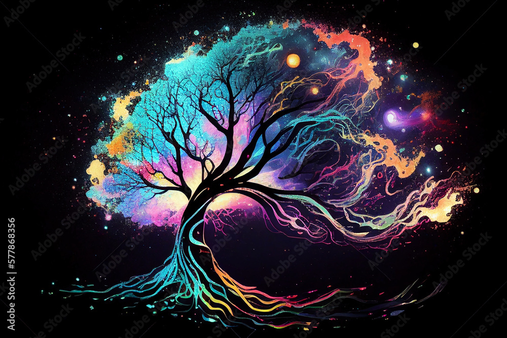 Wall mural tree of the universe on cosmic background. abstract colorful fantasy art. generative ai