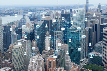 Aerial panoramic city view of Time Square area, Manhattan West Side and the Hudson River, New York city, USA. Social media hologram. Concept of networking and establishing new people connections