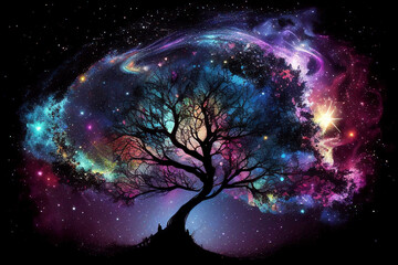 Tree of the universe on cosmic background. Abstract colorful fantasy art. Generative AI  