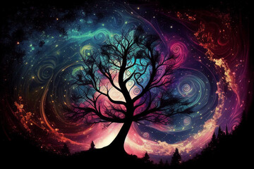 Obraz premium Tree of the universe on cosmic background. Abstract colorful fantasy art. Generative AI 
