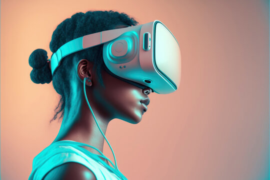 Futuristic black young woman with VR headset in cyberspace exploring the metaverse. minimal and clean in  pastel tones. virtual world. Illustration. Generative AI