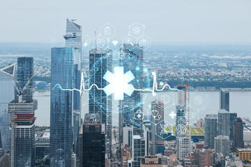 Aerial panoramic city view of West Side Manhattan and Hudson Yards district at day time, NYC, USA. Health care digital medicine hologram. The concept of treatment and disease prevention
