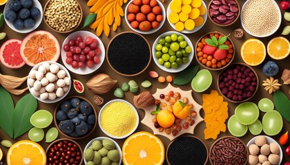 Top View of Fruits, Vegetables, Herbs, and Spices. AI Generative.
