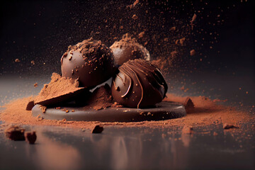 Truffles dusted with cocoa powder in motion. Dark chocolate candies in cocoa powder.  dark brown background. Illustration, Generative AI