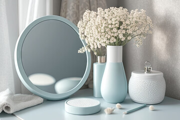 Dressing table with circle mirror, cosmetic silver accessories and white small flowers in ceramic pastel blue vase on white wood board