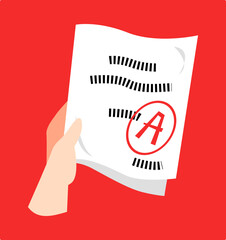 hand holding exam paper with grade a. concept of school, study, university, lesson.