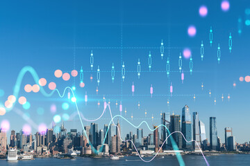 New York City skyline from New Jersey over Hudson River towards the Hudson Yards at day. Manhattan, Midtown. Forex graph hologram. The concept of internet trading, brokerage and fundamental analysis