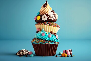 a stack of colorful chocolate cupcakes with different frostings and decorations on a light blue background, created with generative ai