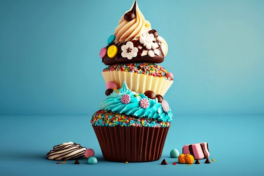 a stack of colorful chocolate cupcakes with different frostings and decorations on a light blue background, created with generative ai
