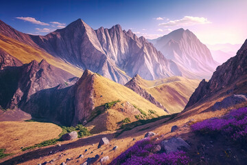 Fototapeta premium Amazing summer mountain landscape with high pink rocky cliff of canyon in early morning soft mist and sunlight's, clear purple sky, green grass meadow on slopes, panorama view on valley. Awe vacation 