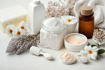 Obraz na płótnie Canvas Natural spa cosmetics with white cream, clay, salt, soap and small dry flowers on white wood background, interior, border.