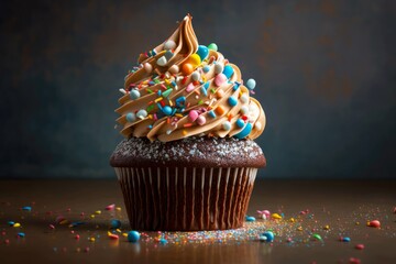 a close-up shot of a chocolate cupcake with buttercream frosting and sprinkles., created with generative ai - obrazy, fototapety, plakaty