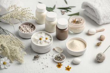 Obraz na płótnie Canvas Natural spa cosmetics with white cream, clay, salt, soap and small dry flowers on white wood background, interior, border.