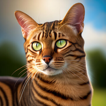 Ravishing hyper realistic portrait of happy toyger cat in natural outdoor lush with flower in background as concept of modern domestic pet by Generative AI.