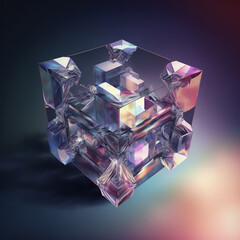 Modern digital abstract art of glassy geometric transparent cubic shape crystal blocks refracts light in ravishing spectrum of prismatic colors by Generative AI. - obrazy, fototapety, plakaty