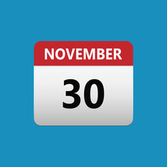 30th November calendar icon. November 30 calendar Date Month icon. Isolated on blue background