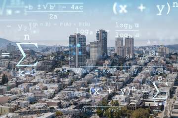 Panoramic cityscape view of San Francisco financial downtown at day time from rooftop, California, United States. Technologies, education concept. Academic research, top ranking university, hologram