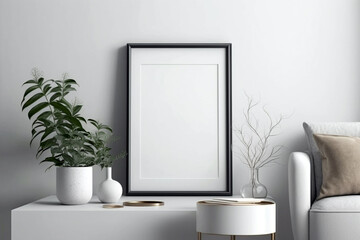 Modern and cozy living room with empty blank picture frame mockup in scandinavian style. Generative ai interior concept