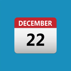 22th December calendar icon. December 22 calendar Date Month icon. Isolated on blue background