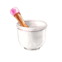 Watercolor bowl and pestle on a white background