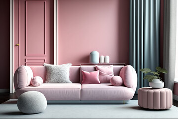 Fototapeta na wymiar Stylish, modern and cozy pink living room with modern European sofa. Generative AI design