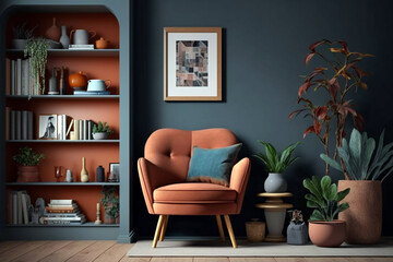 Modern cozy interior with orange terracotta armchair and grey bookshelf by blue wall. Generative ai illustration