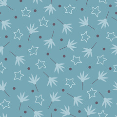 Allover exquisite floral seamless pattern. Bunch of aesthetic scandi wildflowers, polka dots and stars. Dainty surface pattern