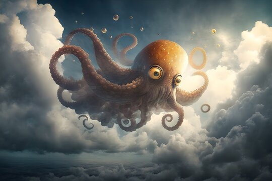 octopus flying created using AI Generative Technology
