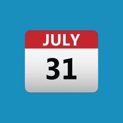 31th July calendar icon. July 31 calendar Date Month icon. Isolated on blue background