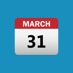 31th March calendar icon. March 31 calendar Date Month icon. Isolated on blue background
