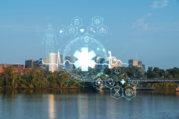 Panoramic view, Washington towards Arlington financial downtown, city skyline over Potomac River....