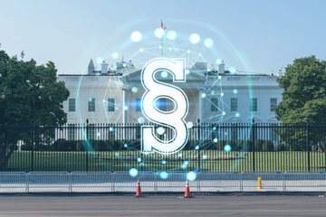 Fototapeta na wymiar The White House on sunny day, Washington DC, USA. Executive branch. President administration. Glowing hologram legal icons. The concept of law, order, regulations and digital justice
