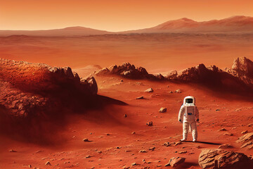 Ravishing digital illustration of Mars landscape feature with red surface and mountain with astronaut. Space exploration and martian on red planet concept by generative AI. - obrazy, fototapety, plakaty
