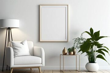 Modern and cozy living room with empty blank picture frame mockup in scandinavian style. Generative ai interior concept