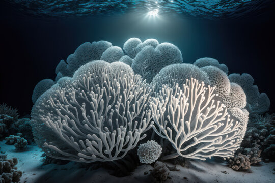Beautiful elaborated white hermatypic marine corals of various species under the sea. Generative AI 