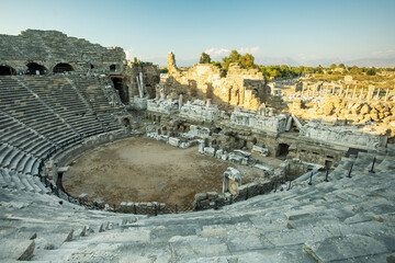 amphitheater of Side, Turkey.  historical ancient old town at sunset.