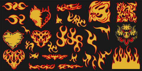 90s-Inspired T-Shirts, Hoodies, Parkas, Streetwear, Apparel, and Pajamas with Hot Fire Ornaments from the Y2K Retro Vector Set. Cool Flames Hand-Drawn Design.