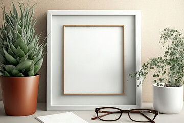 Blank picture frame mockup on white wall in modern interior. Artwork template mock up in interior design, generative ai, generative, ai