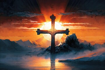 bright sunrise behind a cross in the mountains, generative ai, generative, ai