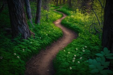 footpath in the woods, very green, generative ai, generative, ai