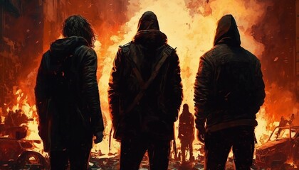 Three Anarchists standing before a burning city