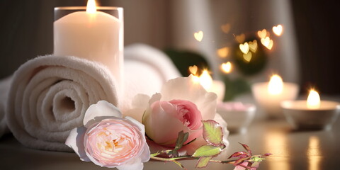 spa concept, pink flowers roses and candle light in spa  salon background 